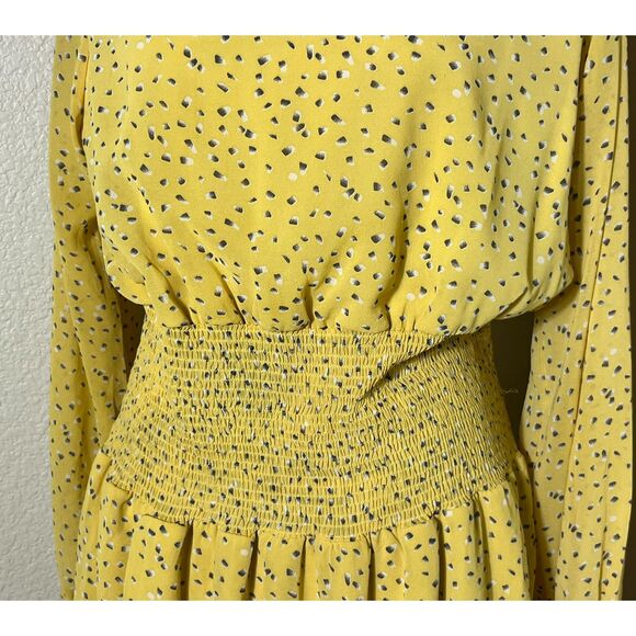 She & Sky Smocked Neck Yellow Print Dress Ruffled Long Sleeve Med Cottage BOHO - Picture 4 of 11